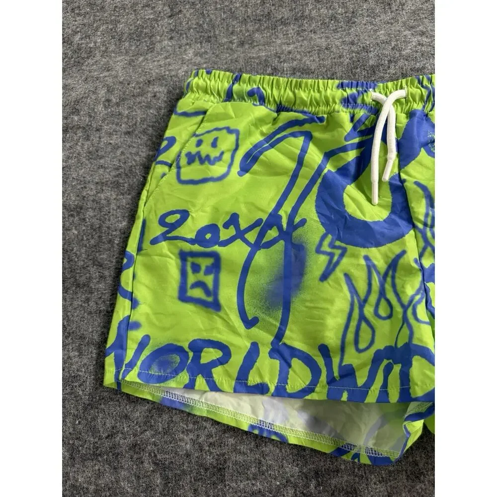 Bohooman Swim Shorts Mens Medium Trunks Lime Green Graffiti Mesh Lined N46